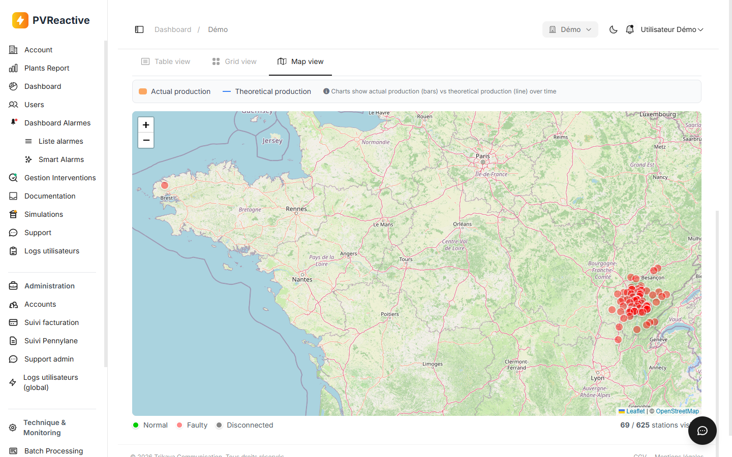 Vue carte avec marqueurs de stations colorés selon leur statut