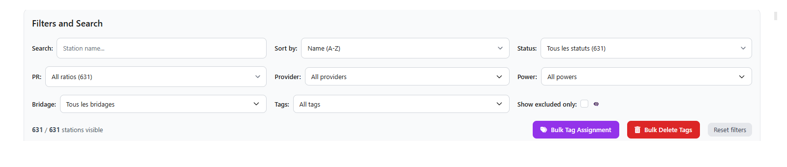 Barre de filtres et de recherche du dashboard