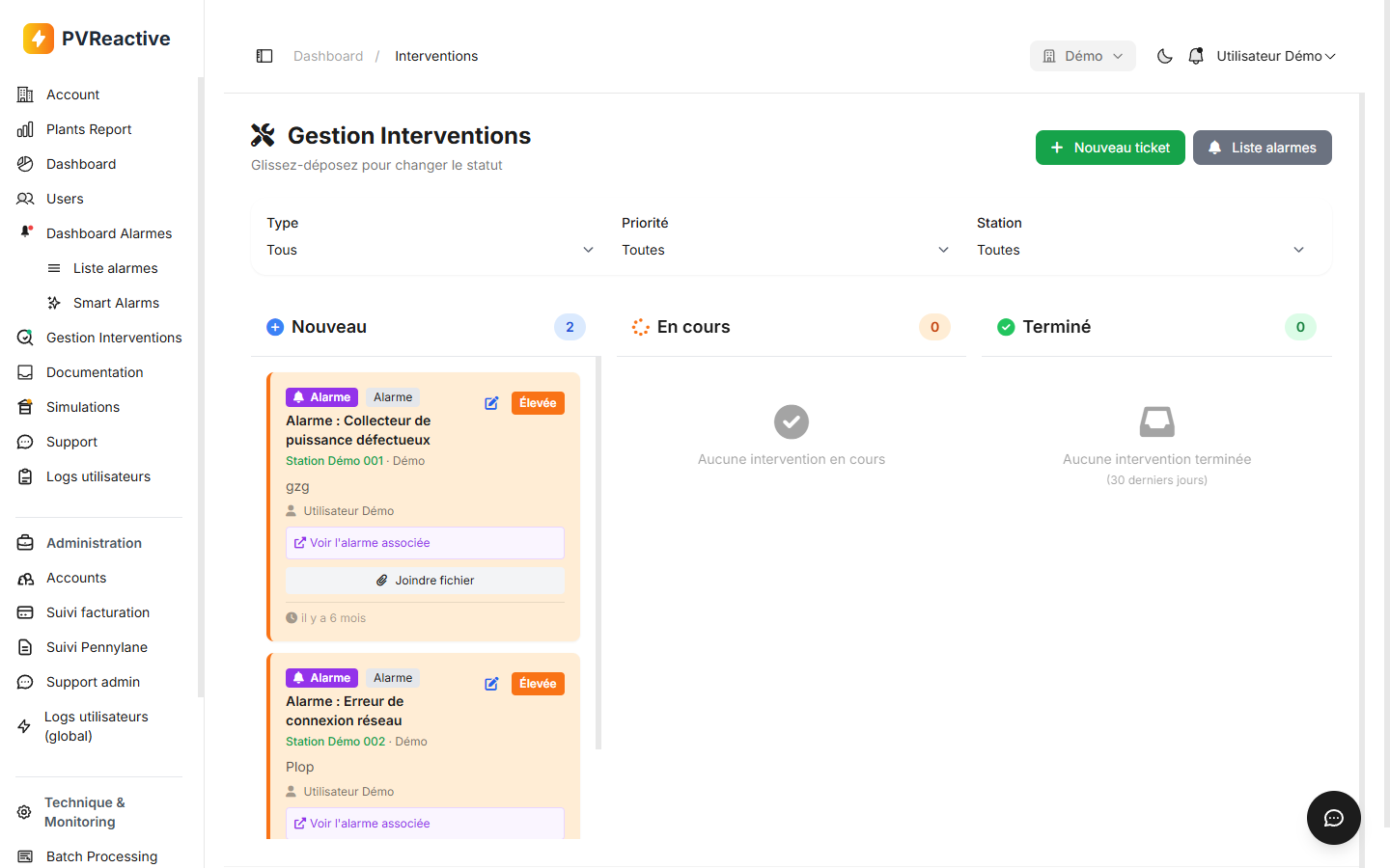 Vue Kanban de la gestion des interventions avec colonnes Nouveau / En cours / Terminé