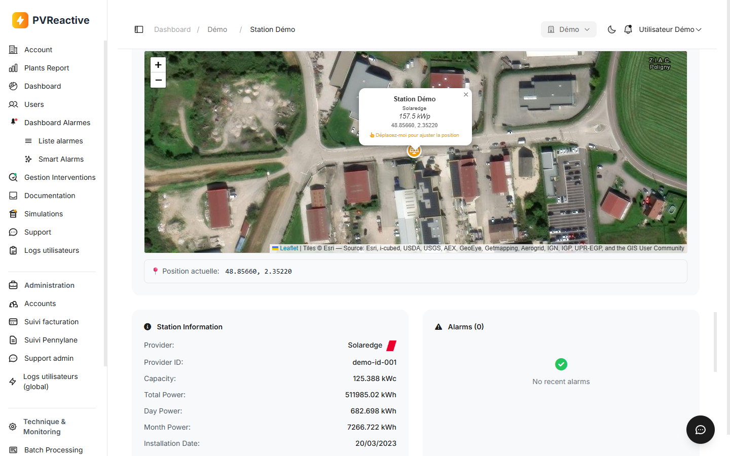 Carte de localisation d'une station avec marqueur déplaçable et popup d'informations