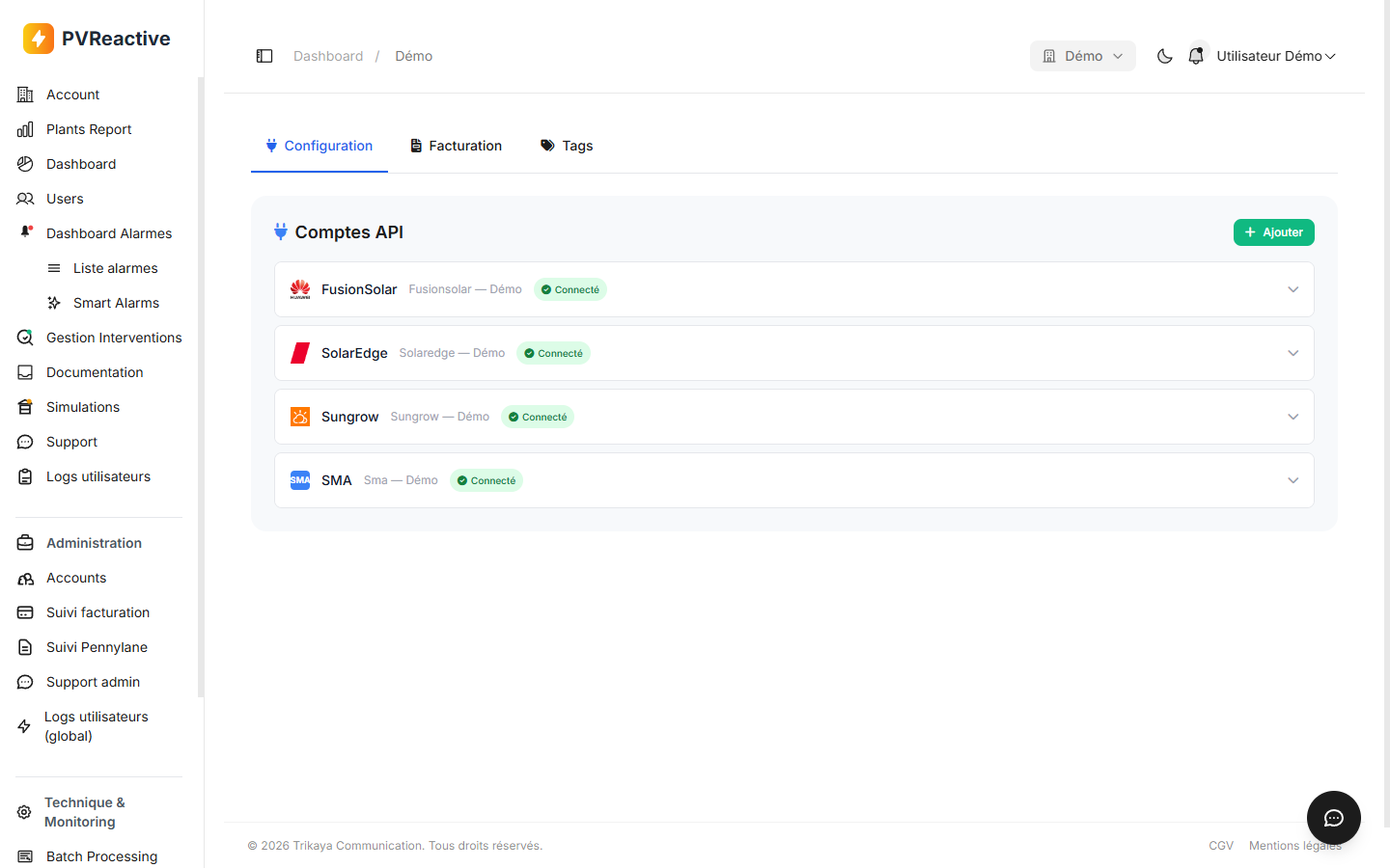 Vue Comptes API avec 4 providers connectés (FusionSolar, SolarEdge, Sungrow, SMA)