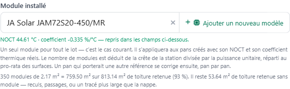 Ligne de contrôle : 350 modules de 2,17 m² occupent 759,50 m² sur 813,14 m² de toiture retenue, soit 93 %