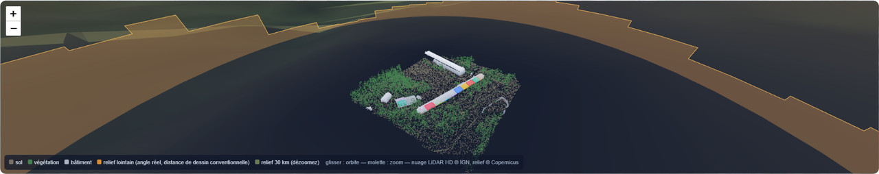 Vue 3D d'un site de montagne : l'horizon lointain forme un anneau ocre tout autour du nuage de points, avec le relief à 30 km derrière