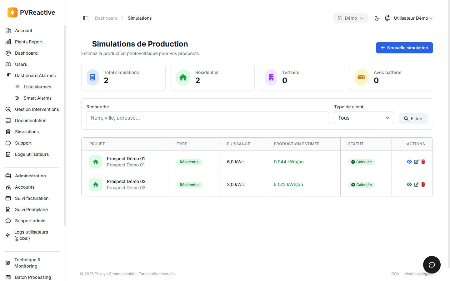 Liste des simulations de production avec KPIs et tableau des projets