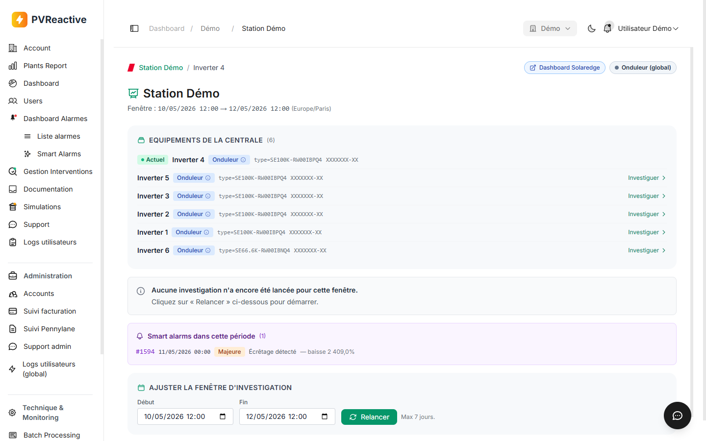 Page String Investigation avec liste des onduleurs et fenêtre d'analyse