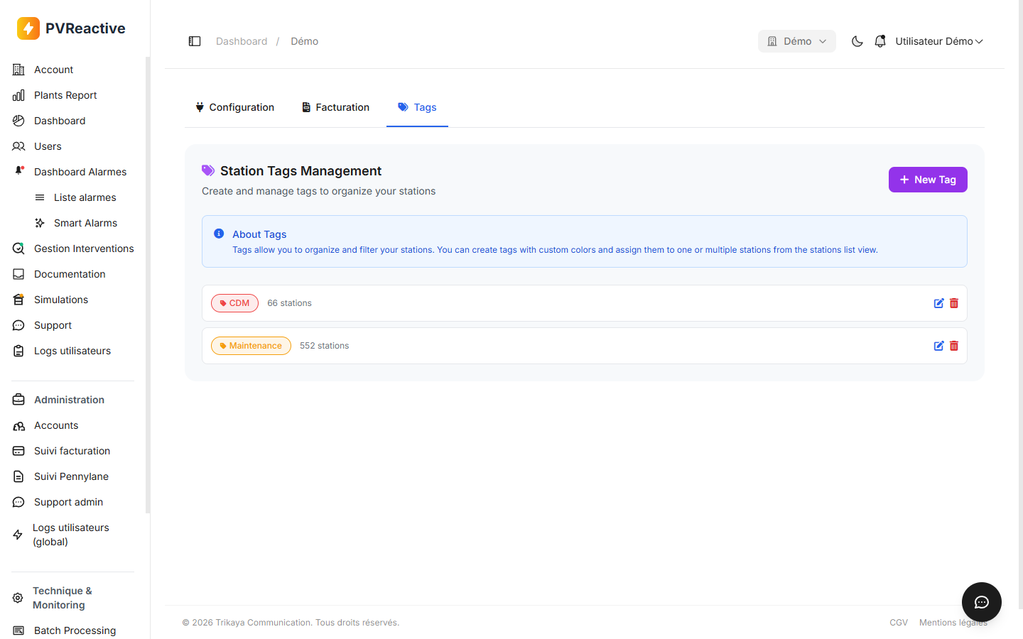 Page Station Tags Management avec deux tags CDM et Maintenance