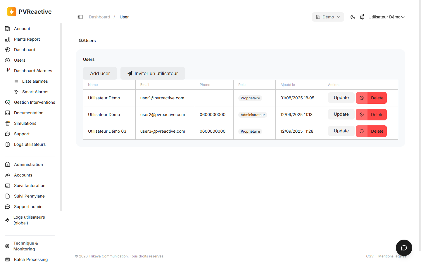 Page de gestion des utilisateurs avec table Name / Email / Phone / Role / Ajouté le / Actions