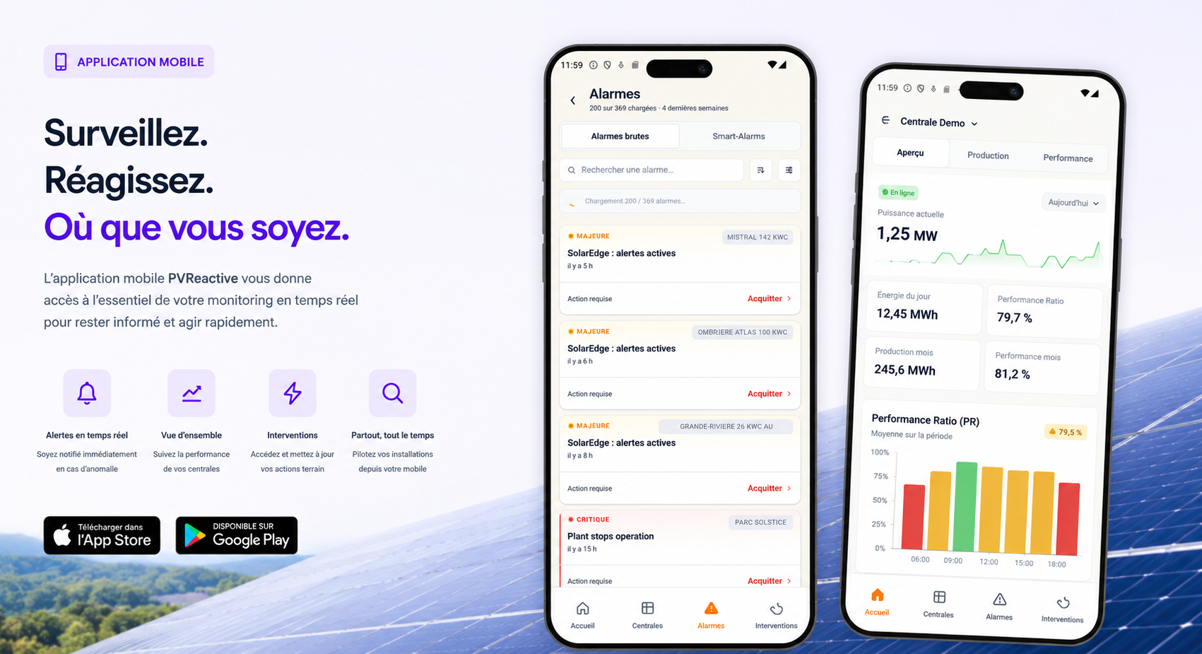 Application mobile PVReactive : écran des alarmes et vue d'ensemble d'une station sur smartphone