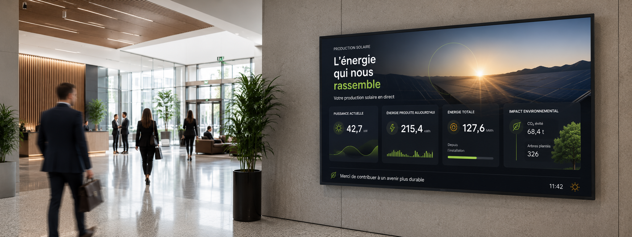 Afficheur photovoltaïque mural dans un hall d'accueil : production solaire affichée en direct
