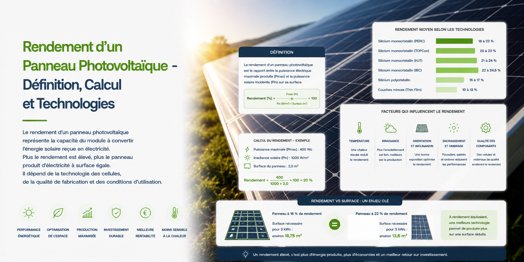 Illustration Rendement d'un Panneau Photovoltaïque - Définition, Calcul et Technologies