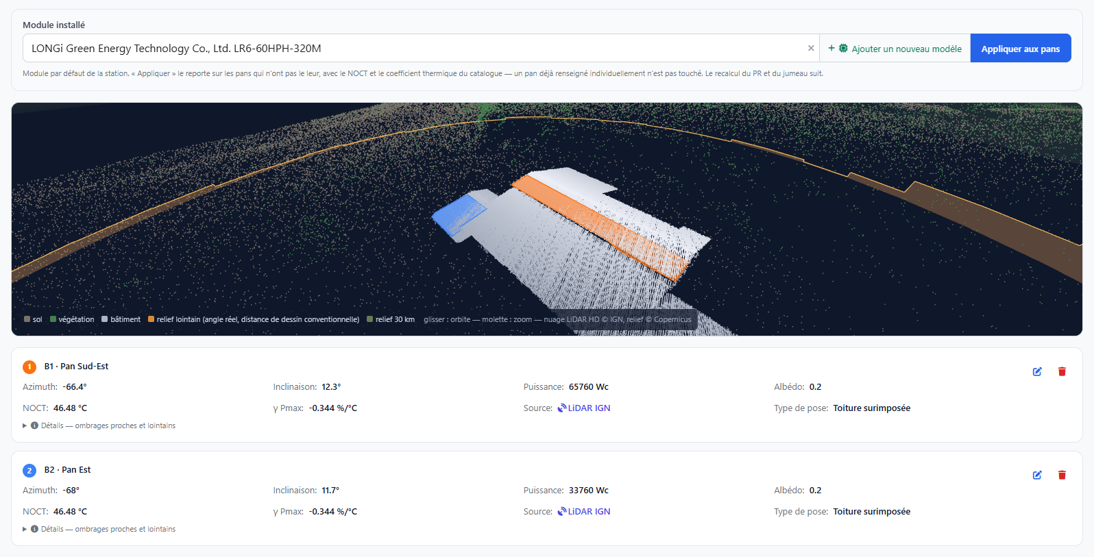 Plans d'installation dans PVReactive : le module installé choisi dans le référentiel matériel, la vue 3D du nuage de points d'un bâtiment avec deux pans de toiture mesurés coloriés en orange et en bleu, puis pour chaque pan son azimut, son inclinaison, sa puissance, sa température de fonctionnement, son coefficient de température et son type de pose
